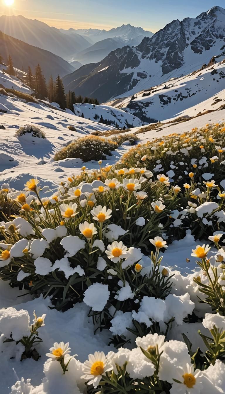 Alpine Flowers Bloom Under Setting Sun