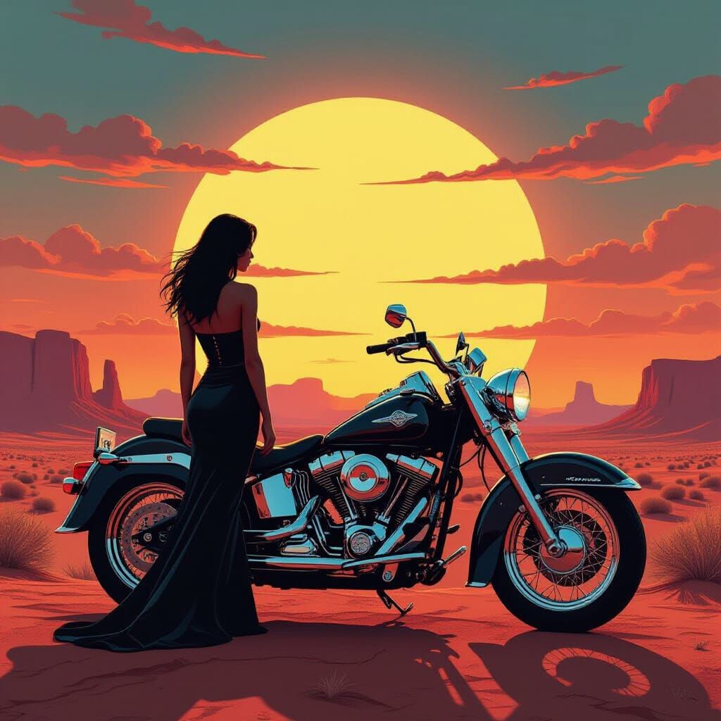 Woman and Motorcycle on Alien Desert at Retro Sunset