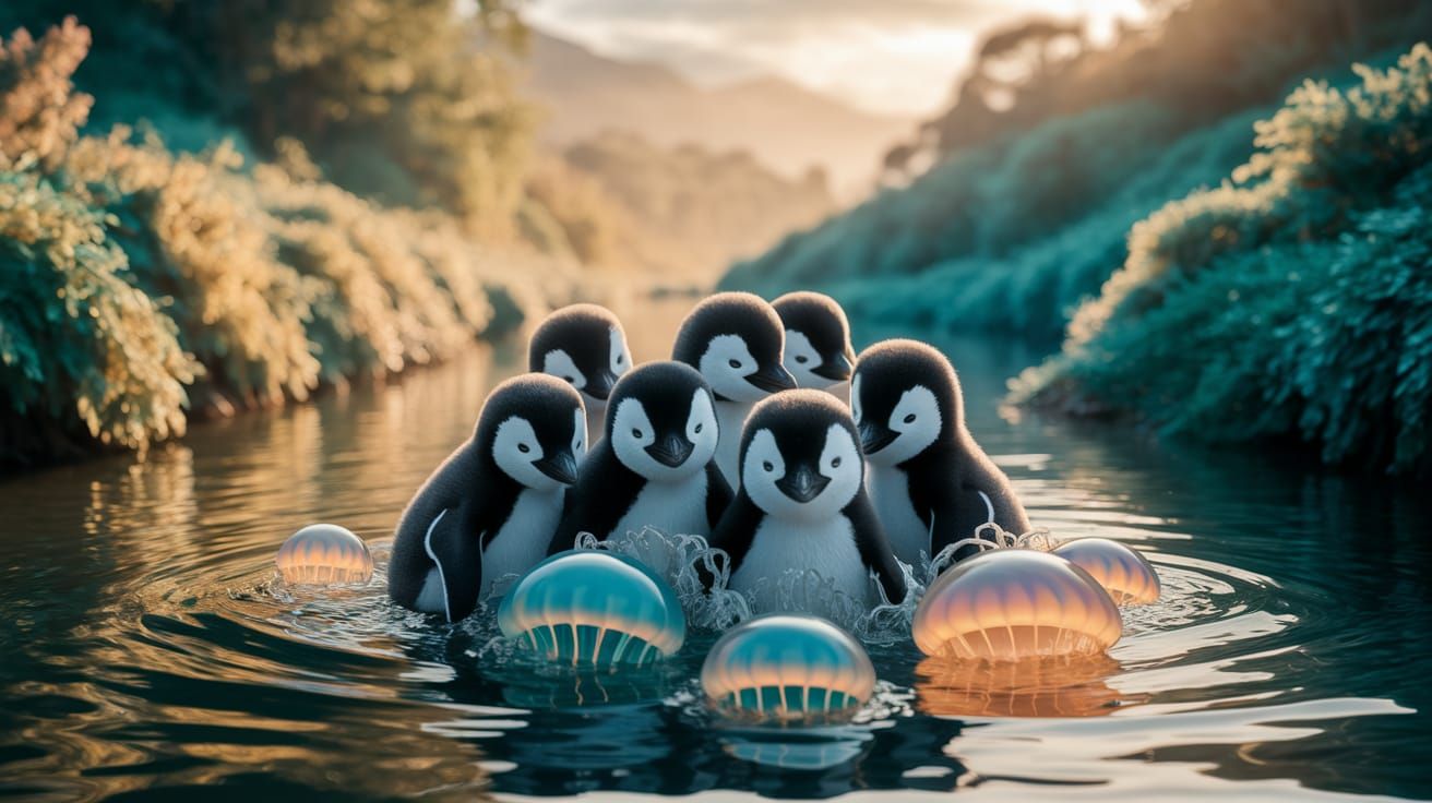 Penguin Chicks and Jellyfish in Sun-Drenched River