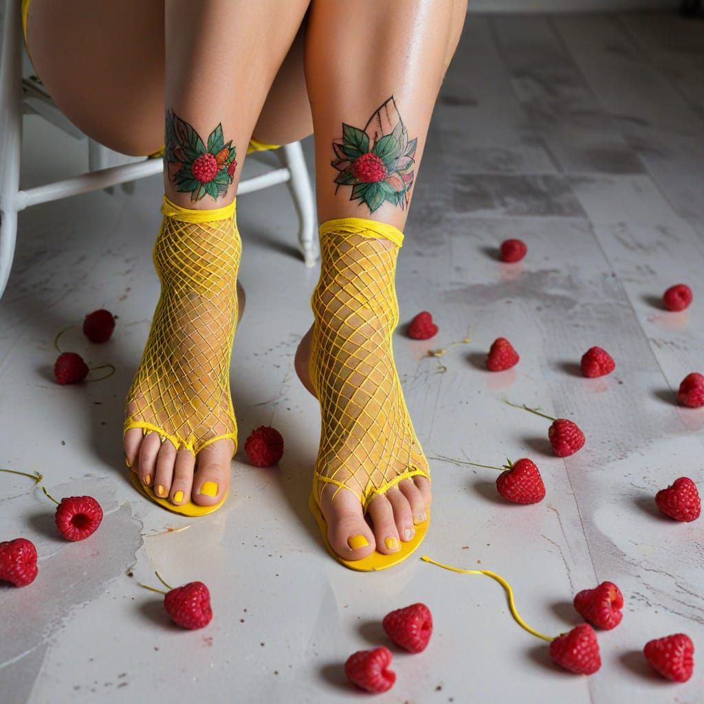 Bikini Girl Mesmerized by Tattooed Feet Crushing Raspberries