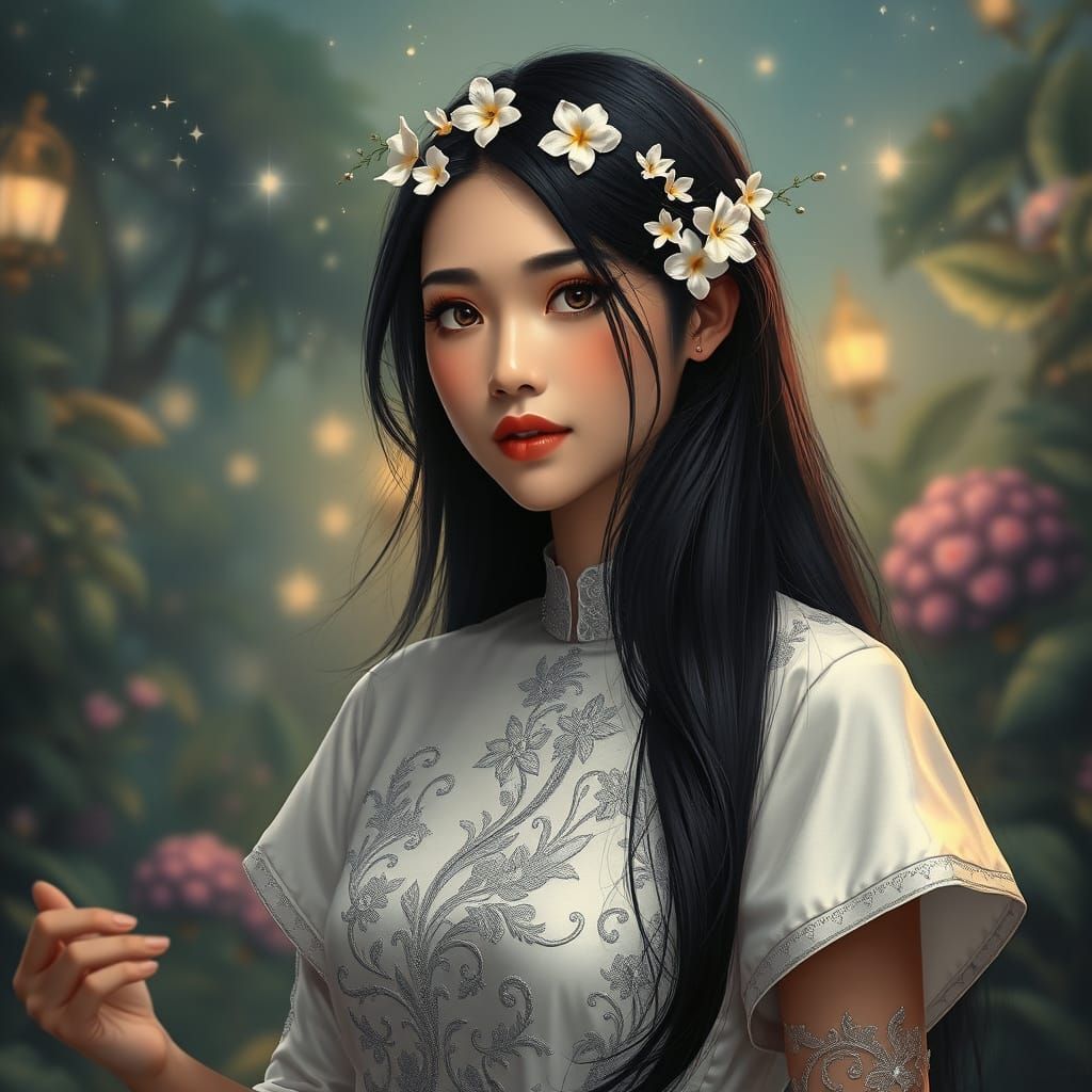 Ethereal Malay Goddess in Starlit Garden
