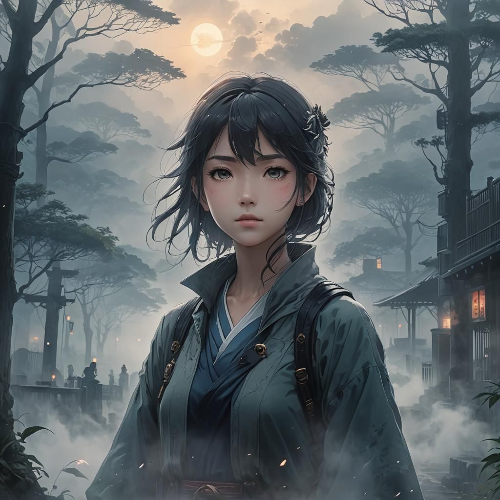 Woman in Fog: Anime Style Panoramic View