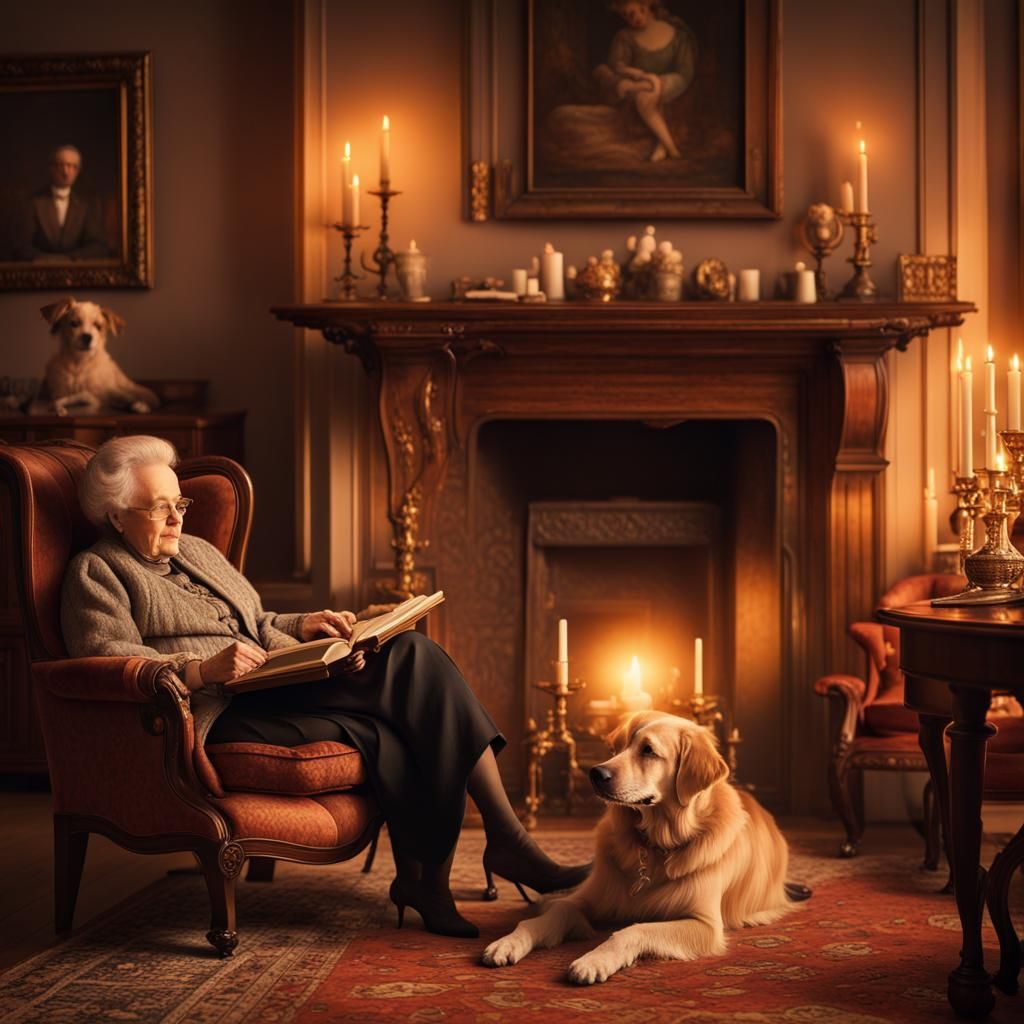 Victorian Living Room with Fireplace and Reading Woman