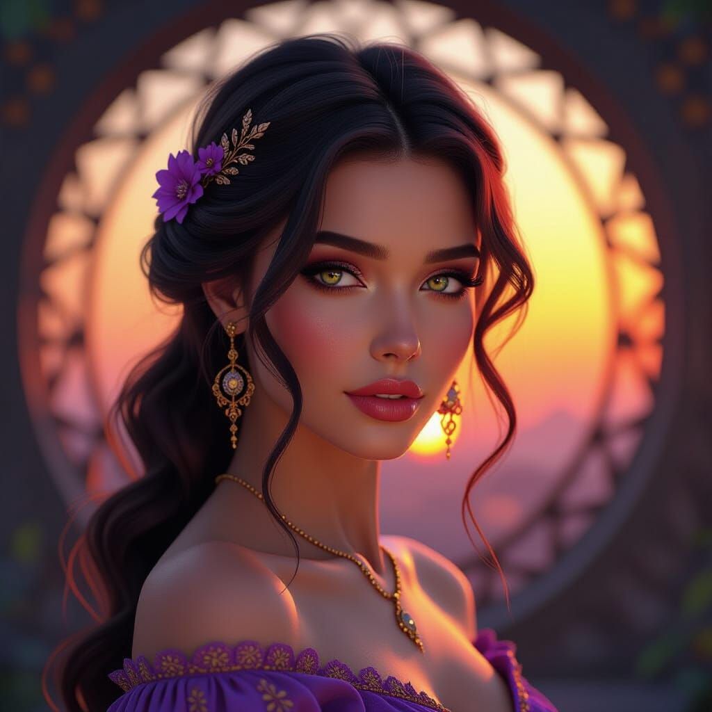 With eyes as clear as dawn and hair like a blazing sunset, s...