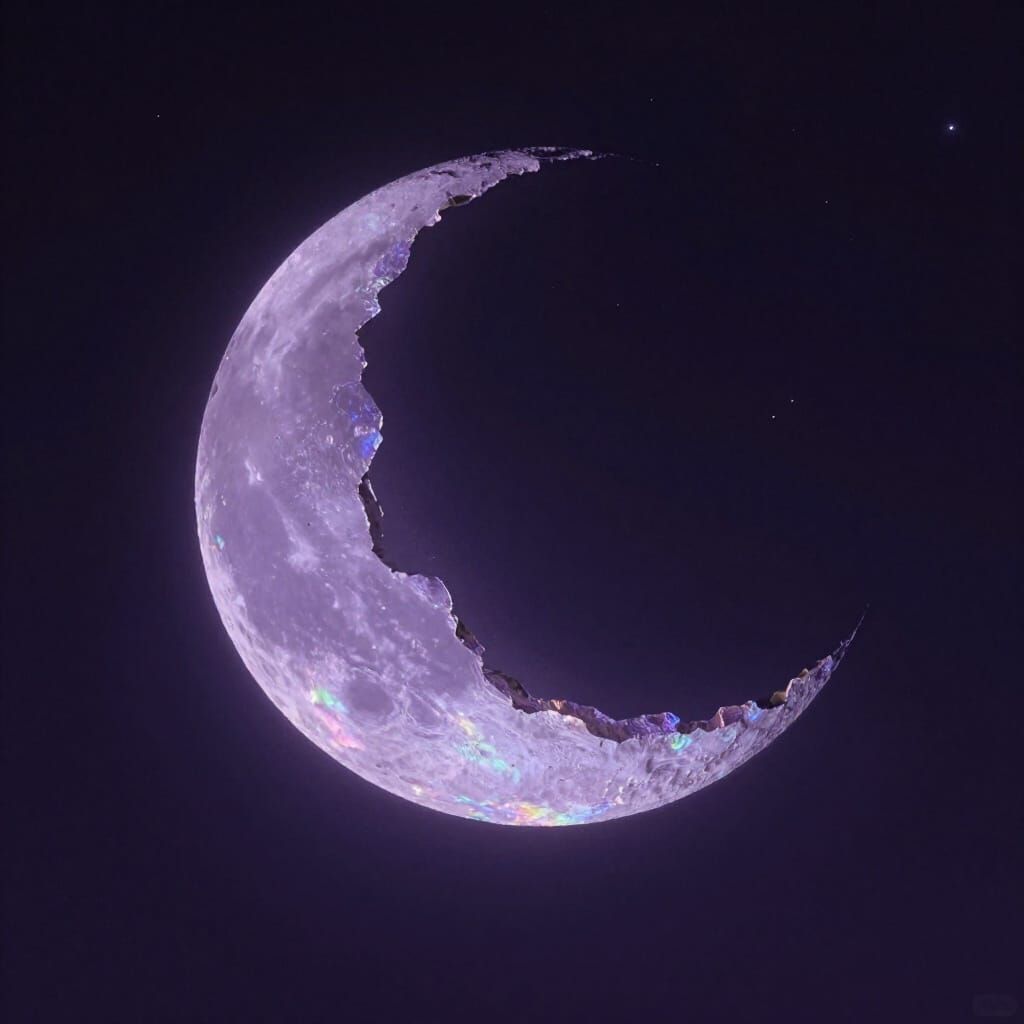 Opalescent Broken Moon in Starry Night Sky