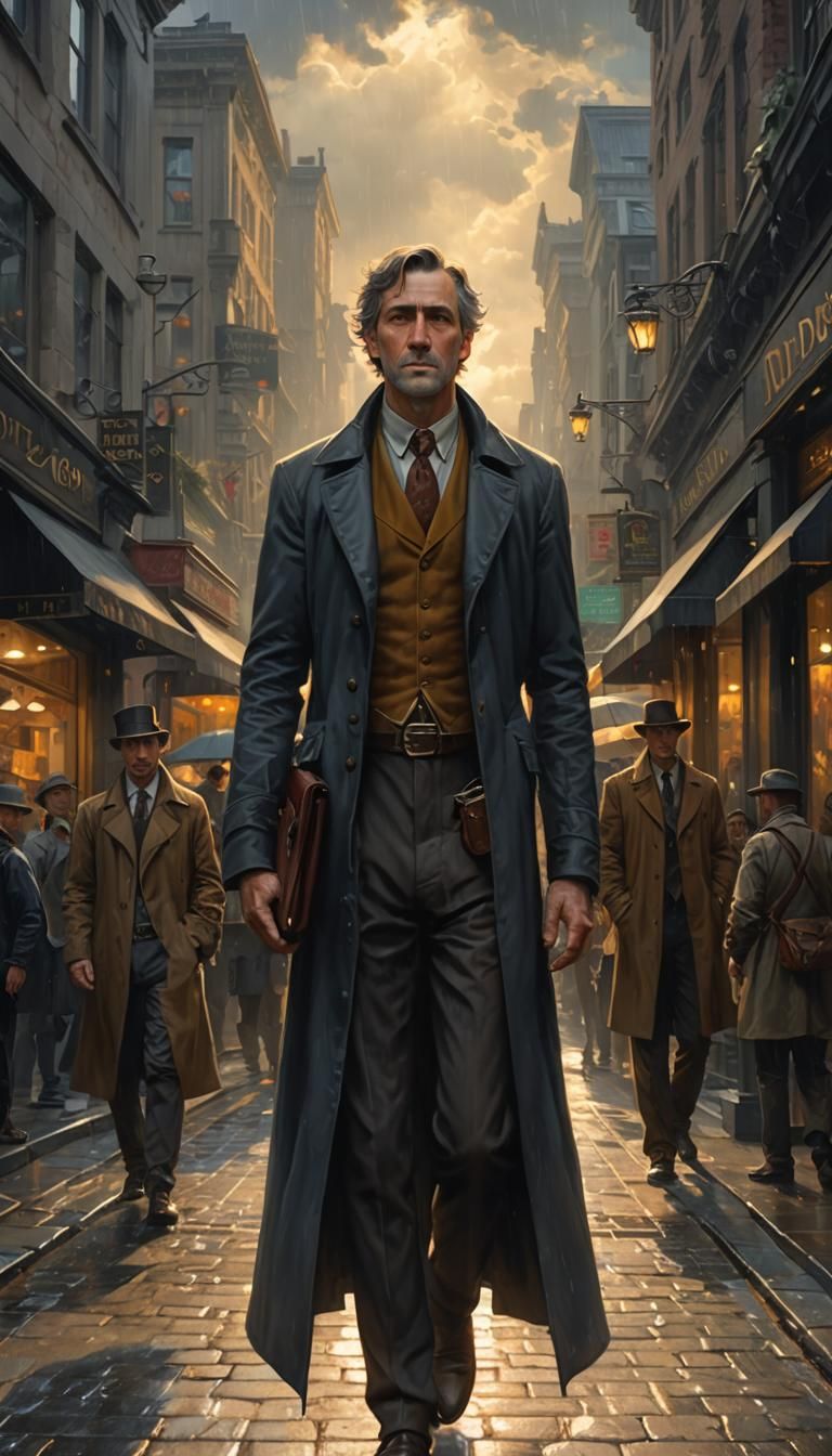 Art Nouveau Rainy Street Scene with Man