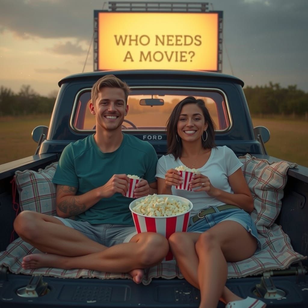 Couple at Drive-In Movie Night Under the Stars