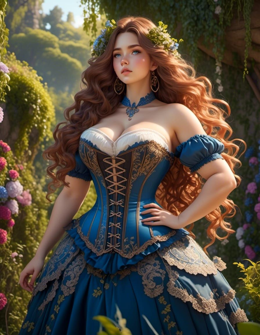 Anime Realism: Curvy Woman in Mystical Garden