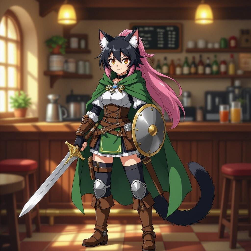 Cat Warrior at Tavern in Anime Style