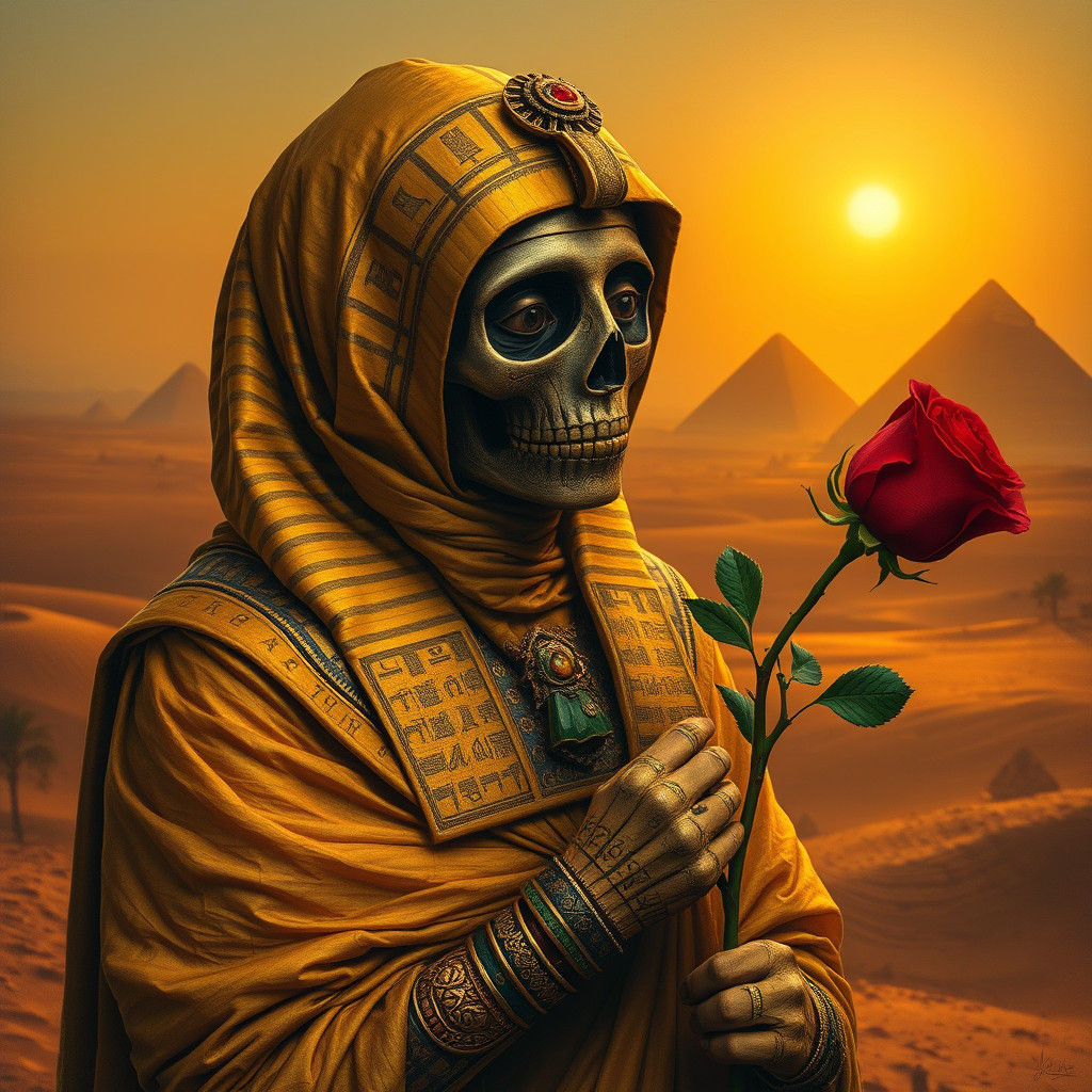 Ancient Egyptian Mummy Holding a Rose in Golden Desert Lands...