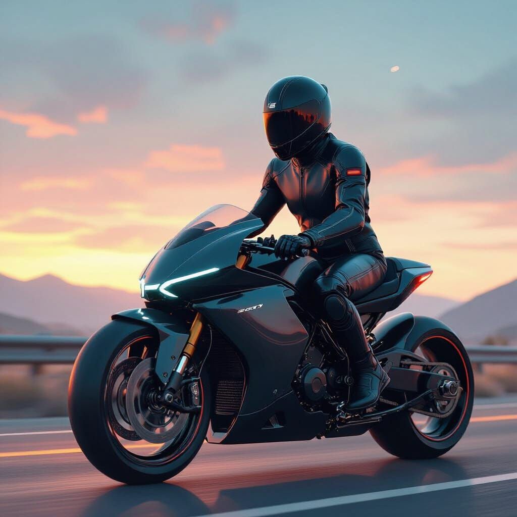 Futuristic Motorcycle Rider in Sleek Black Leather Suit