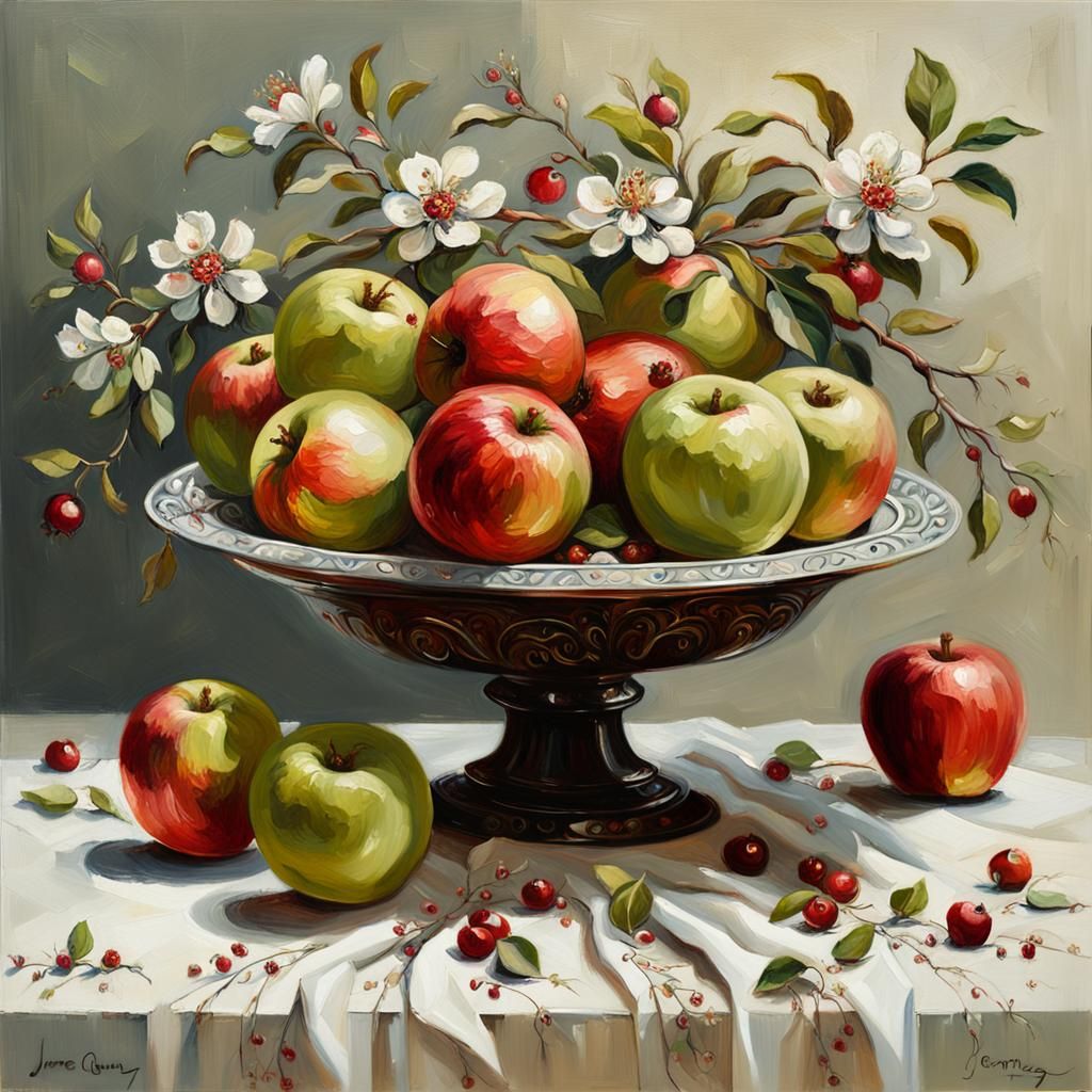 Still Life with Fruit and Flowers as Impasto Painting