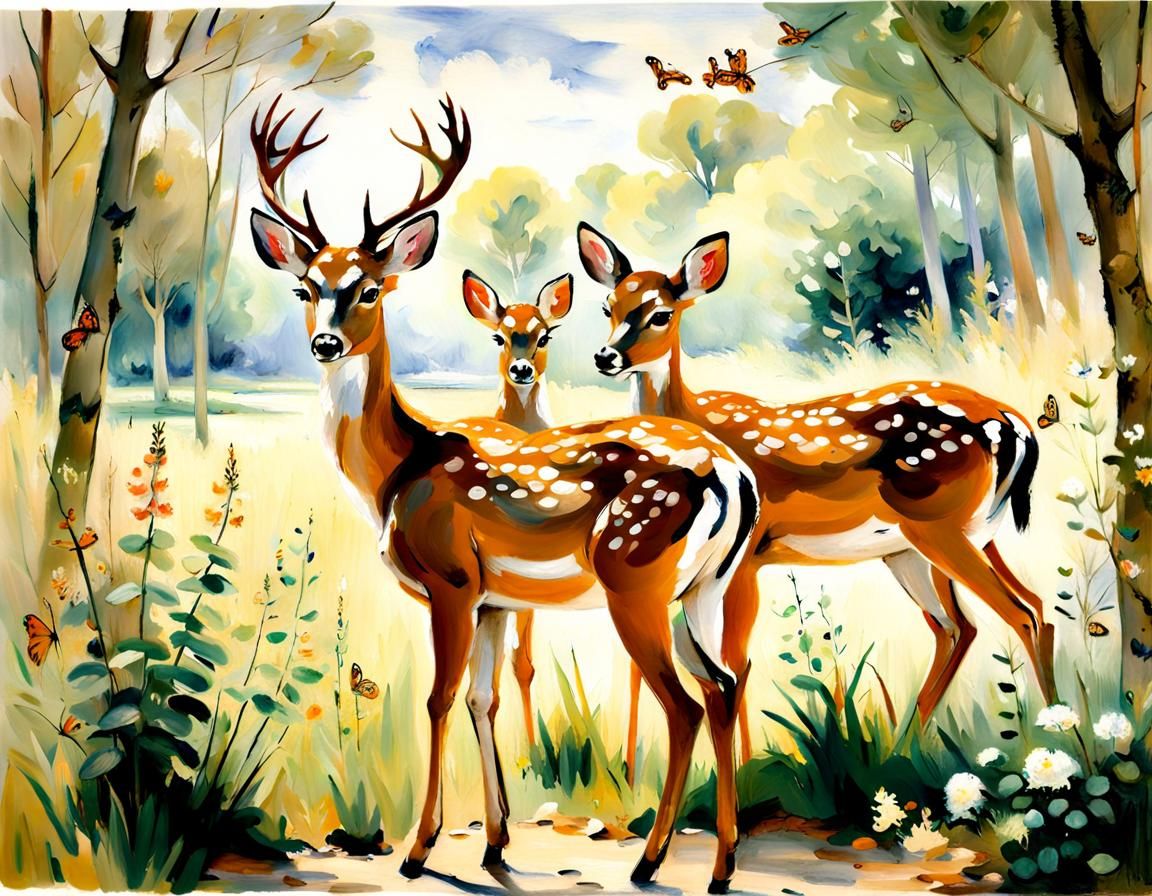 Spring Deer Family: Impressionist Style Painting