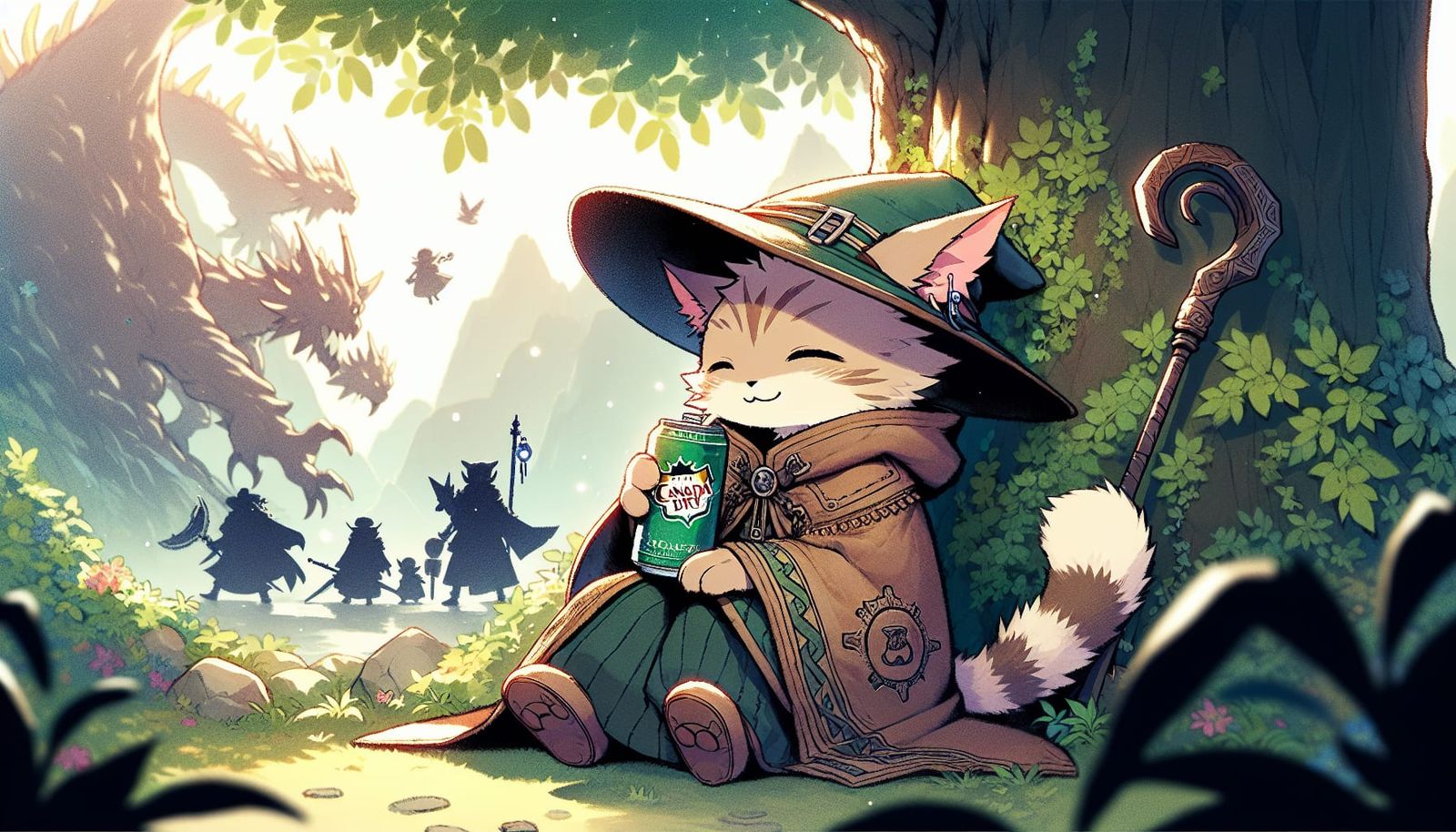 Anime Lynx Drinks Ginger Ale During Dragon Battle