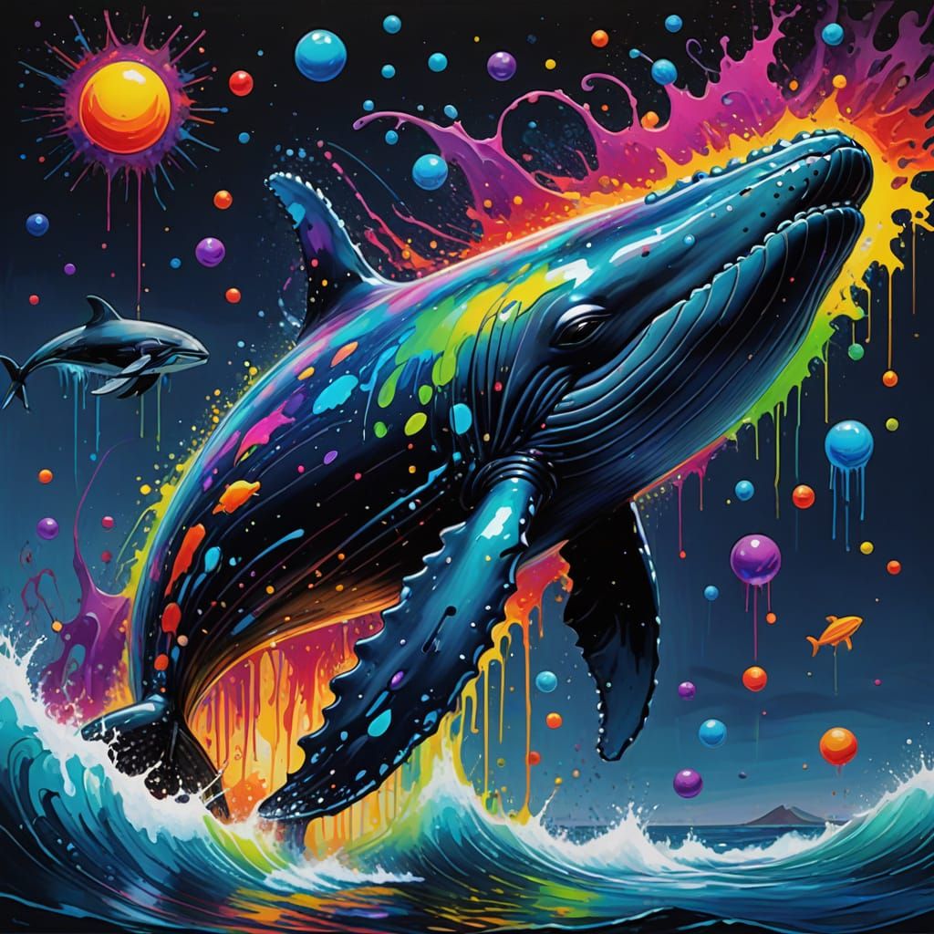 Humpback Whale Emerges from Abstract Ocean, Graffiti Art Sty...