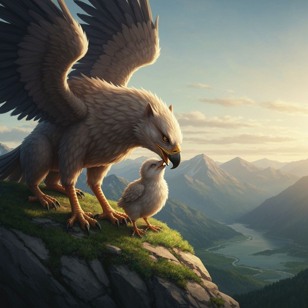 Griffin Nurturing Chick in Mountain Aerie, Fantasy Concept A...