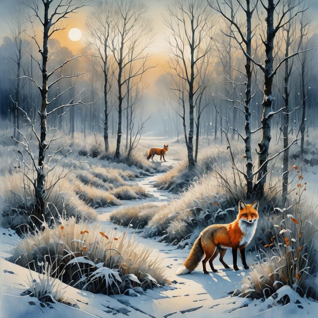 Fox in Winter Landscape, Detailed Monochromatic Art