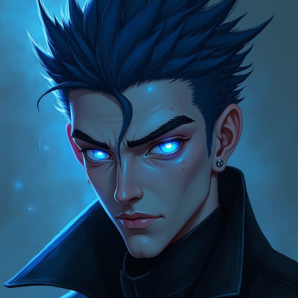 Mysterious Figure with Piercing Eyes and Midnight Blue Hair