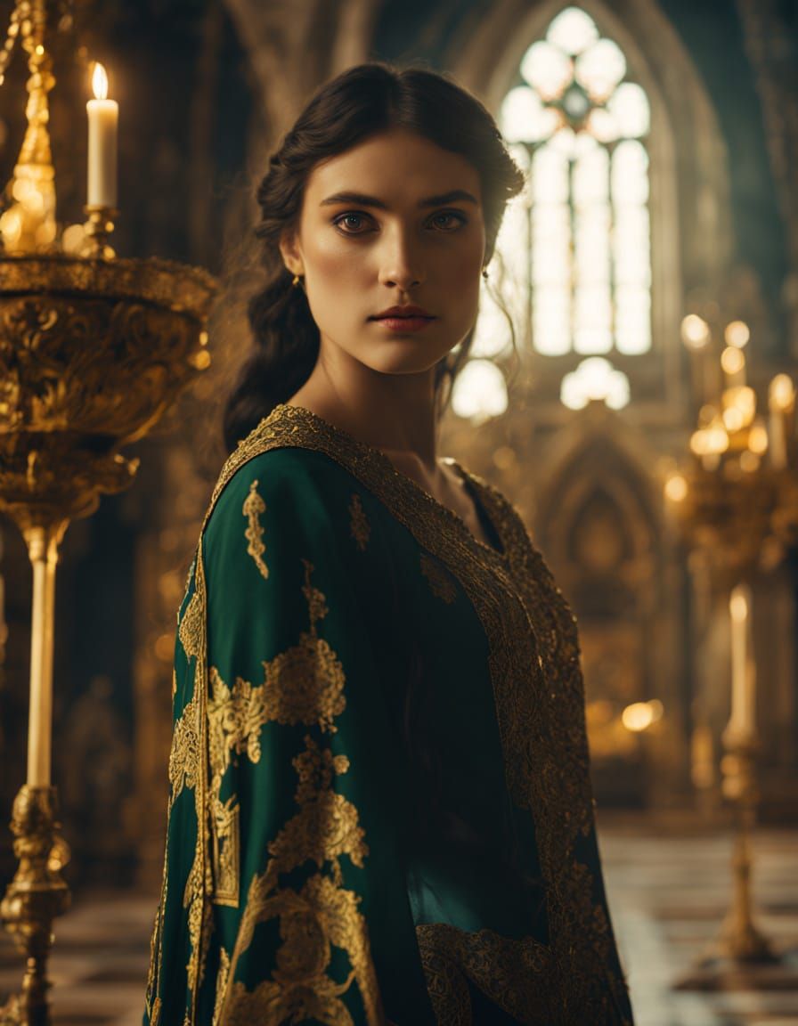 Raven Haired Woman in Medieval Dress in Church