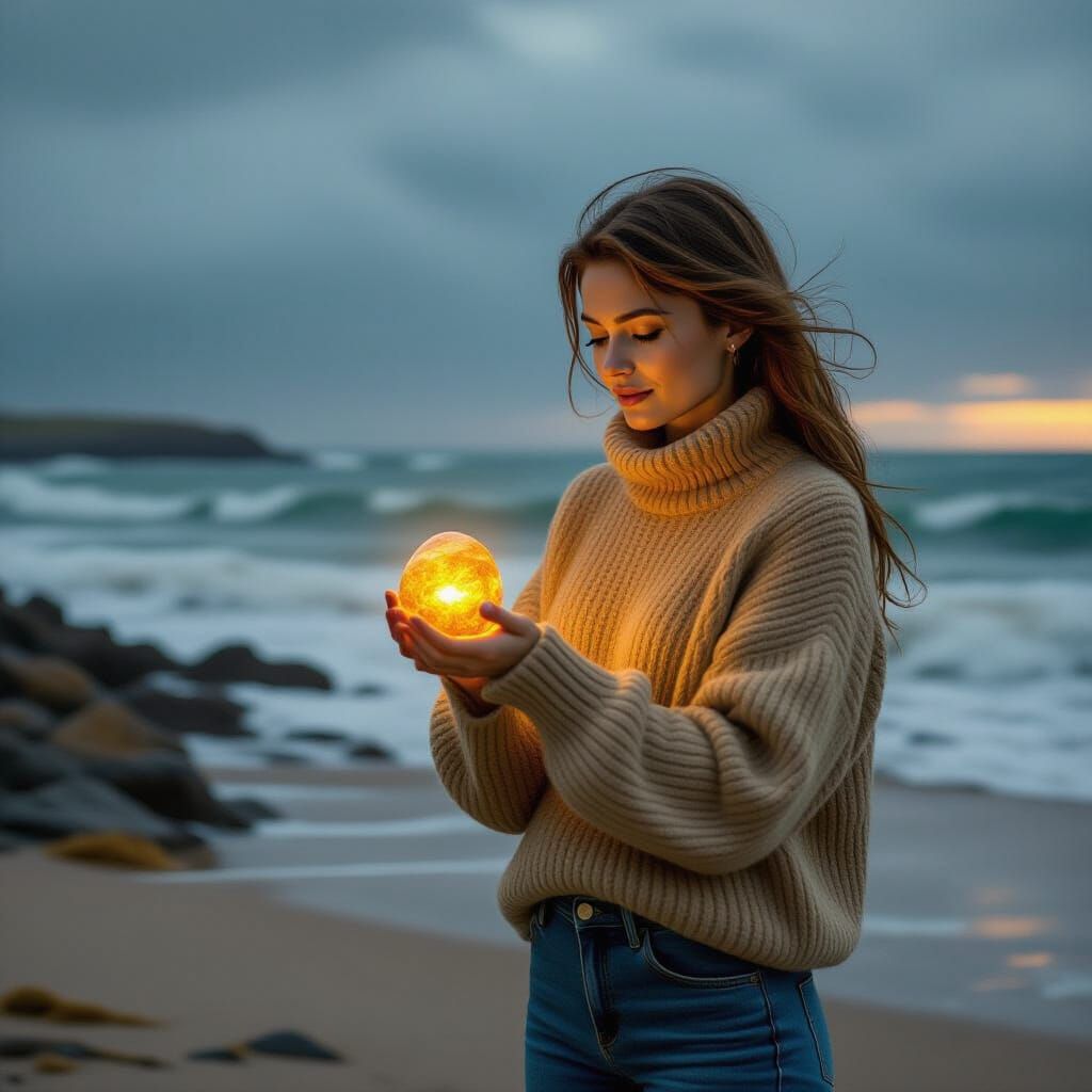 Girl with Amber Stone on Windswept Gotland Beach