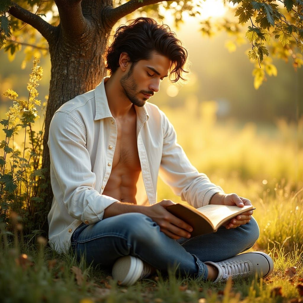 Man Reading in Sunlit Meadow with Dark Oil Paint Style