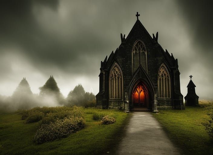 Eerie Gothic Chapel Vampire Hideout at Night