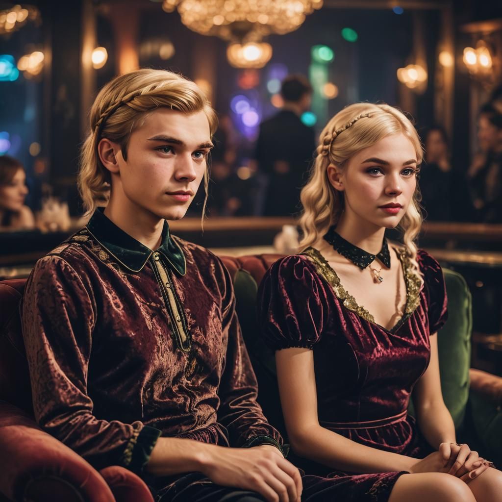 Boy in Velvet Dress: Nightclub Portrait with Bokeh