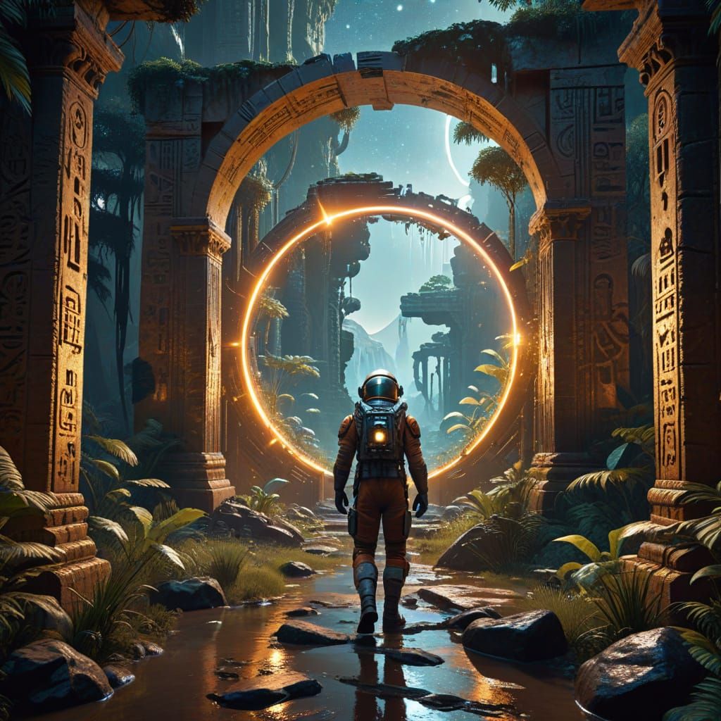 Astronaut Time Traveler in Jungle Ruins: Digital Matte Paint...