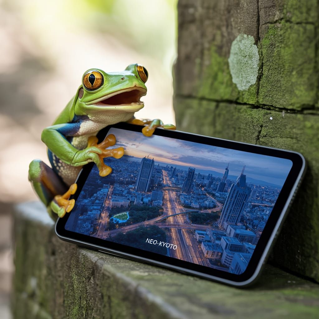 Surprised Frog Watches Neo-Kyoto Rise on Tablet