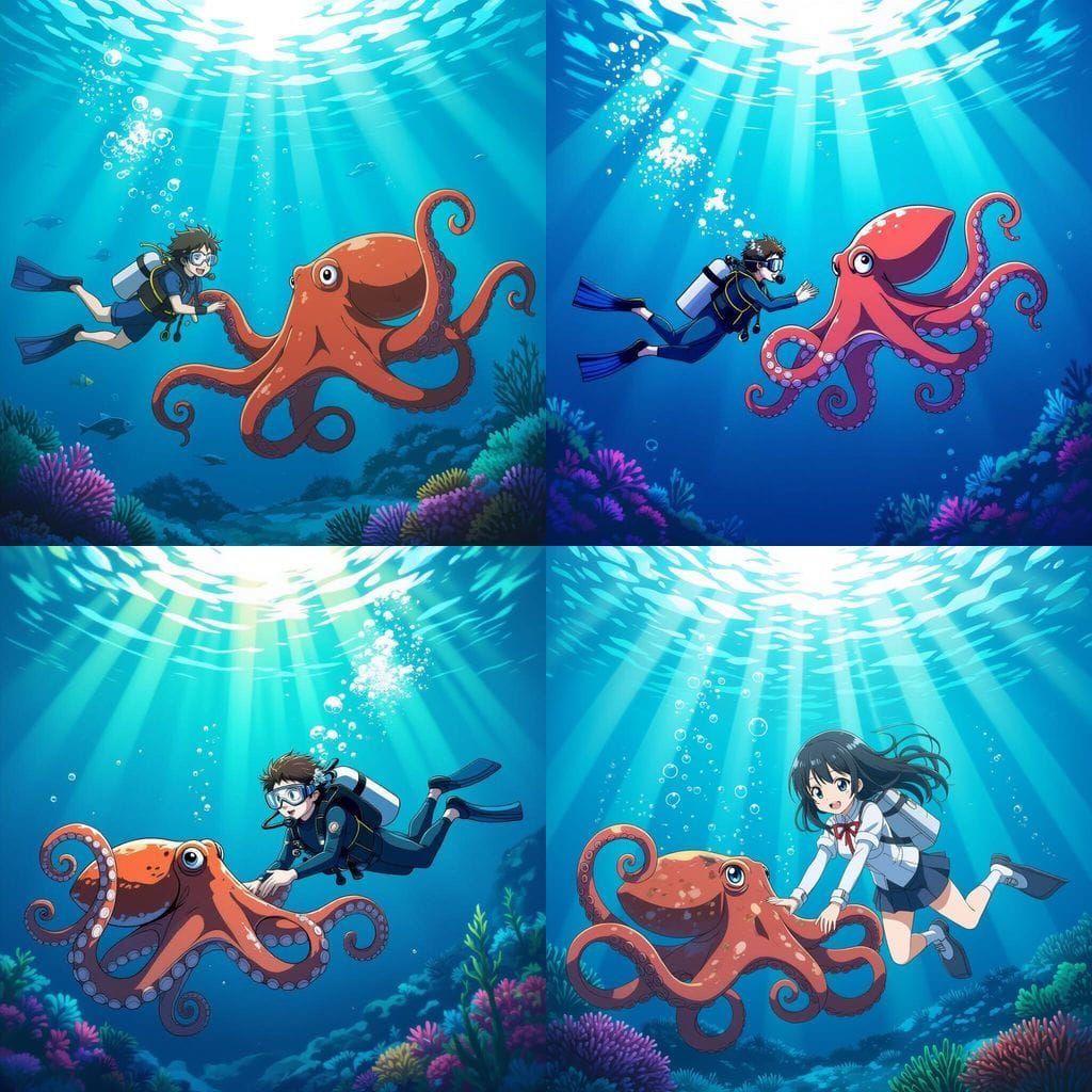 Scuba Diver Plays With Sassy Octopus Under Ocean Light