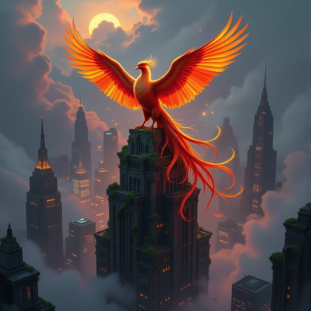 Golden Phoenix on Art Deco Skyscraper Above Neon City