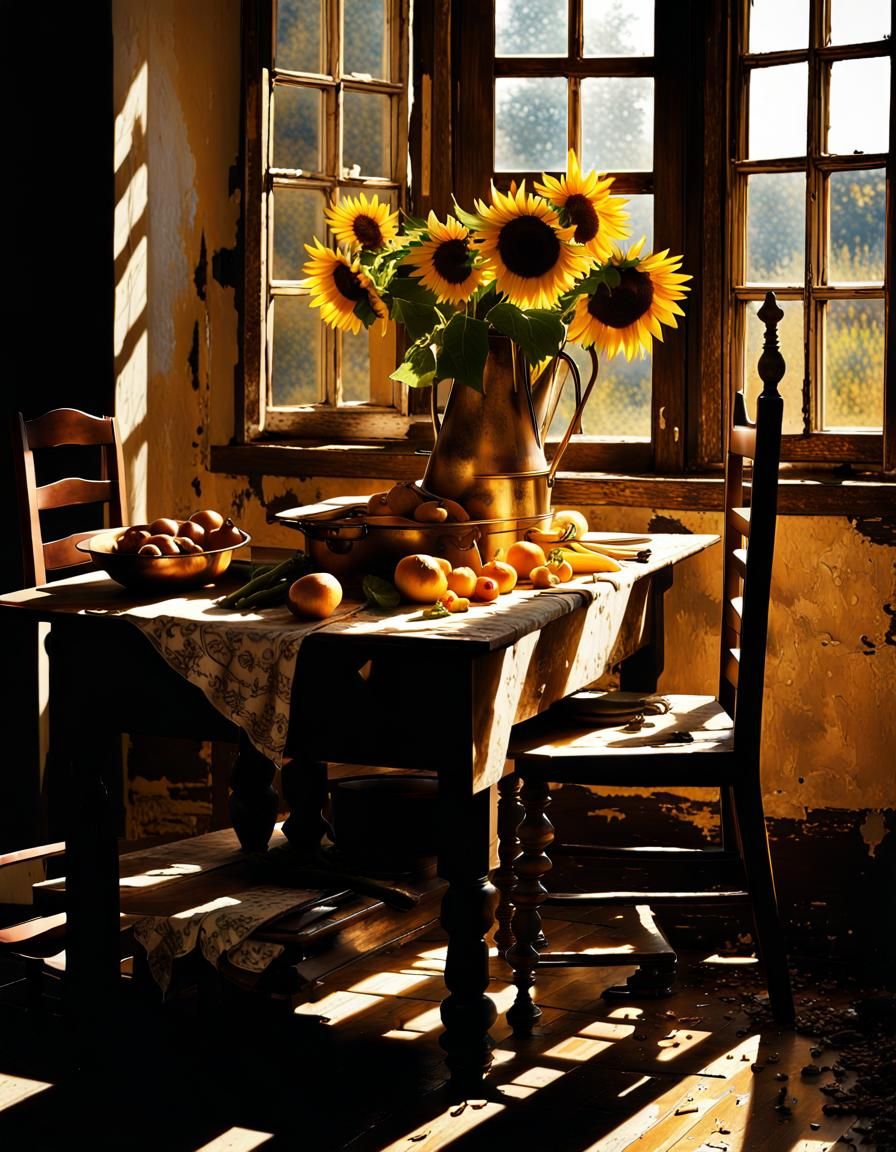 Sunflower Still Life in Magical Realism Style