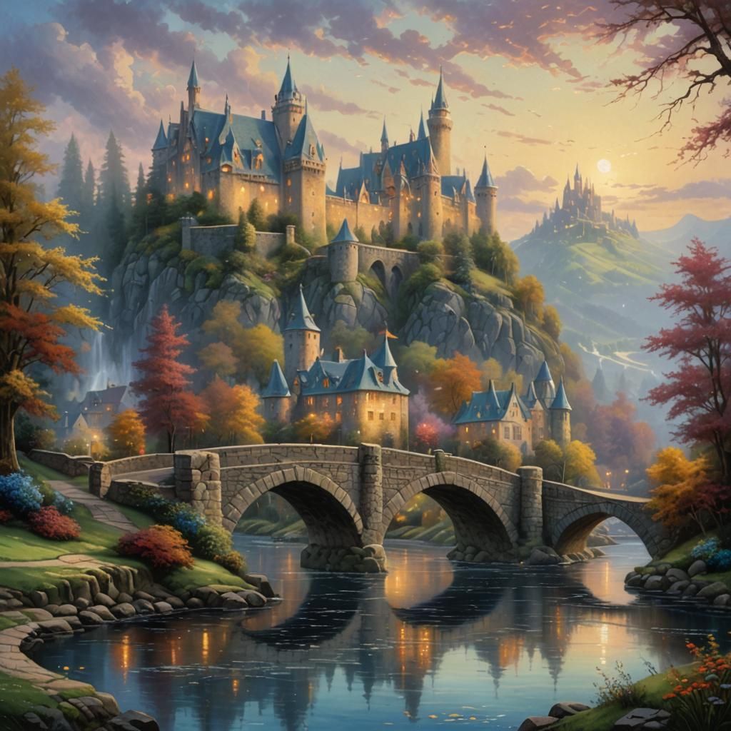 Fantasy Castle Overlooking Idyllic Bridge