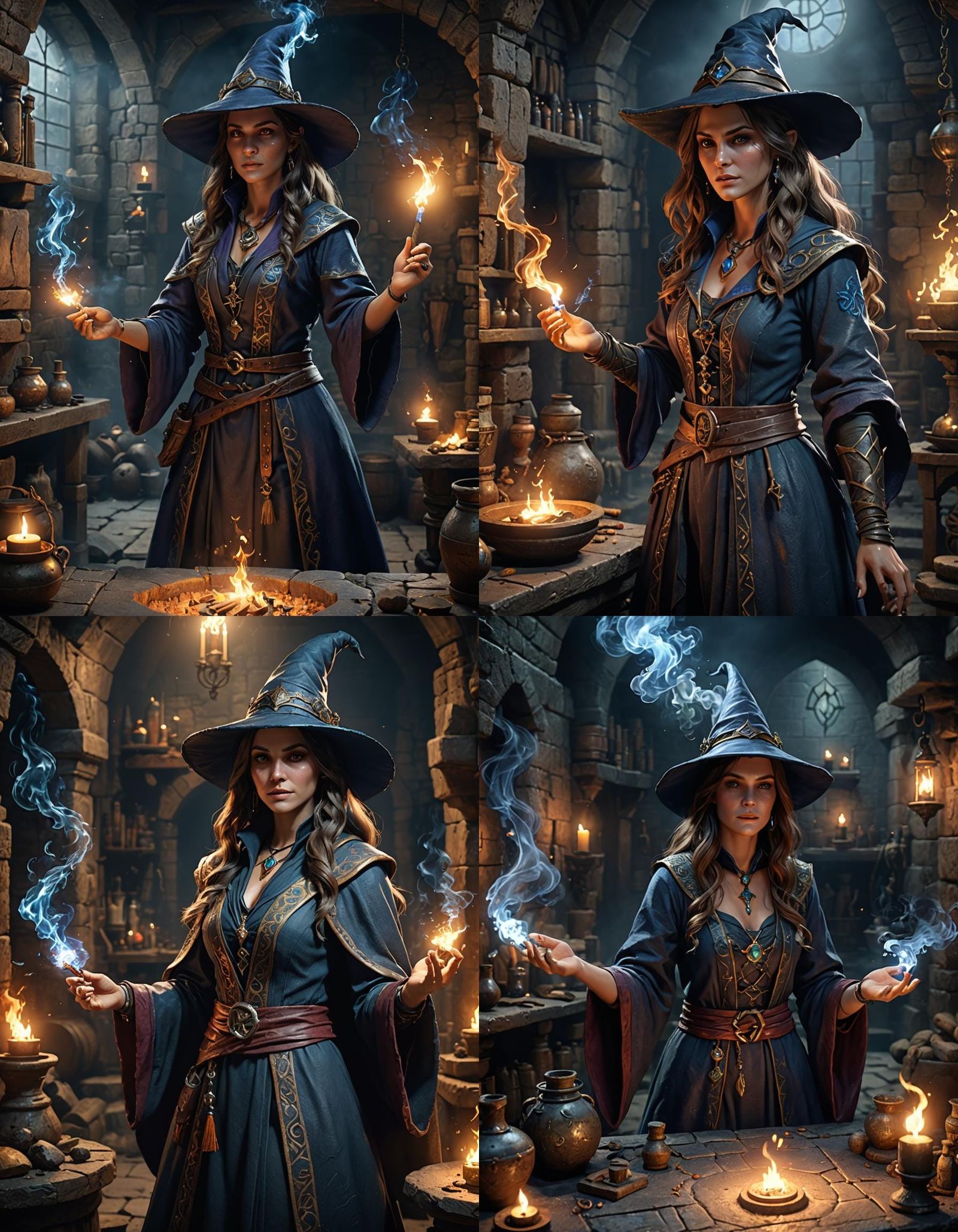 Sorceress Brewing Spells in Mysterious Cellar