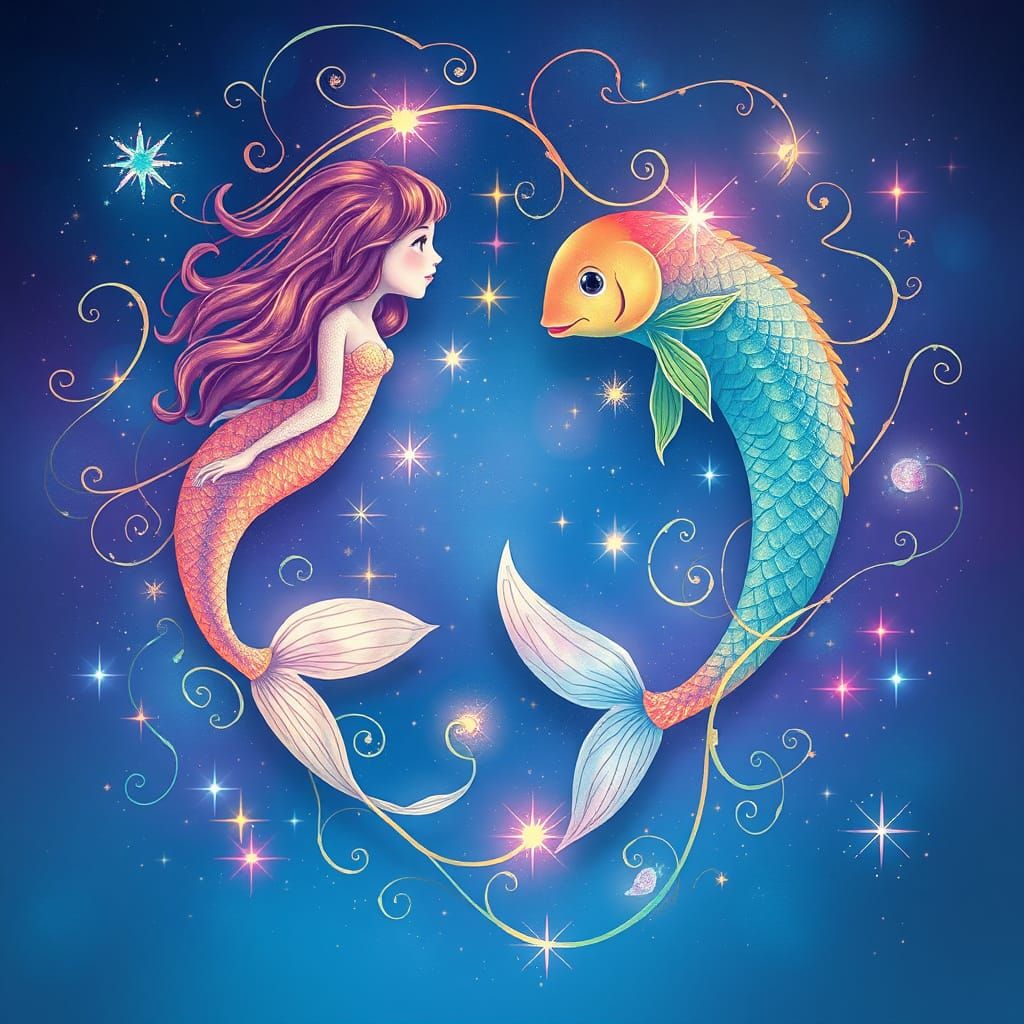 Surreal Underwater Scene of Mermaids and Celestial Bodies in...