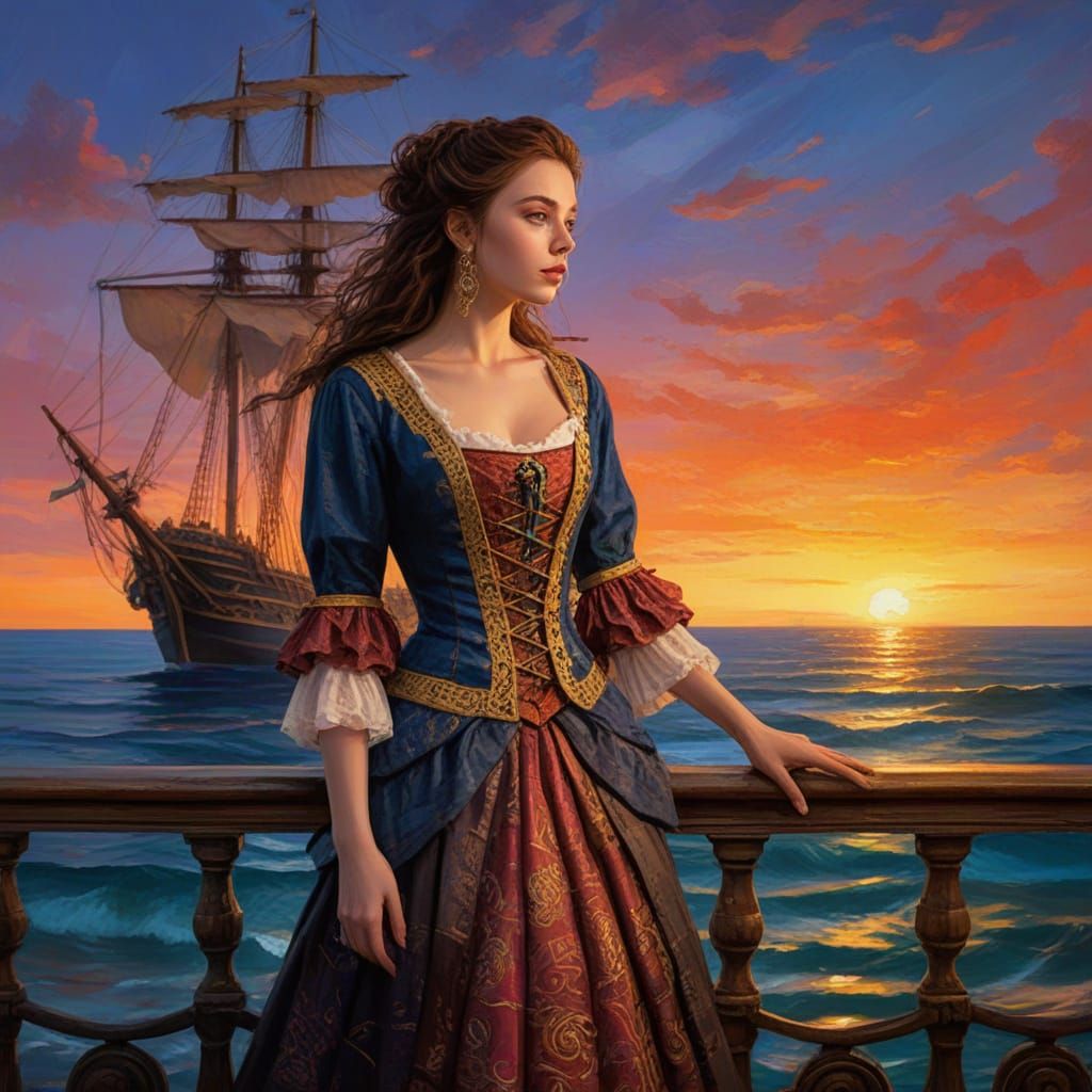 A Regal Woman Embarks on a Sunset Voyage, Inspired by Klimt ...