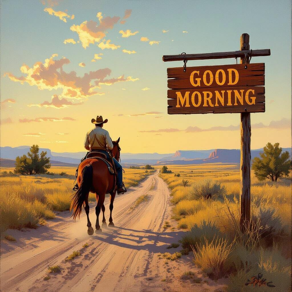 Cowboy Rides Horse Past 'Good Morning' Sign in Oil Painting
