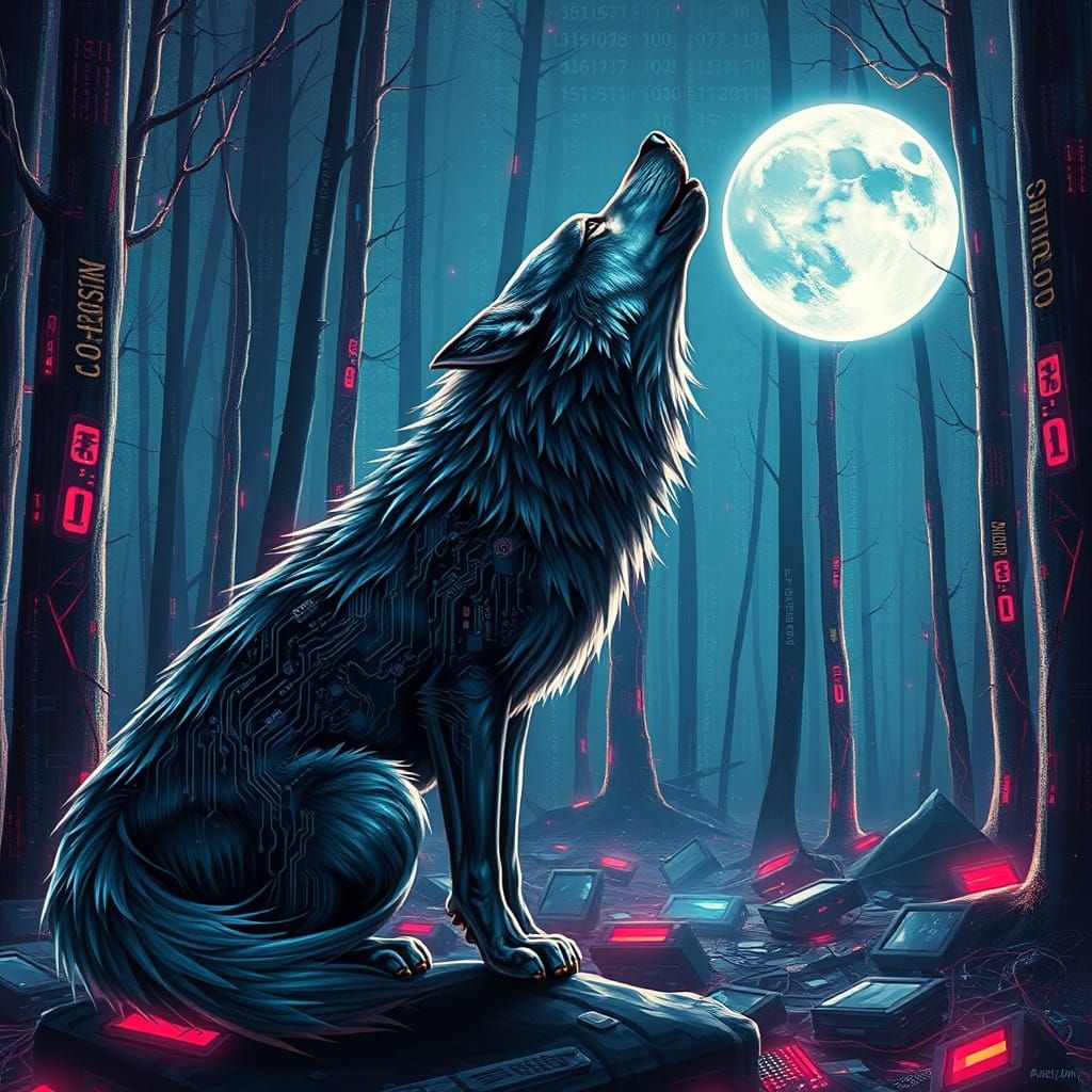 Digital Wolf Howls at Glitching Binary Code Moon in Neon-Lit...