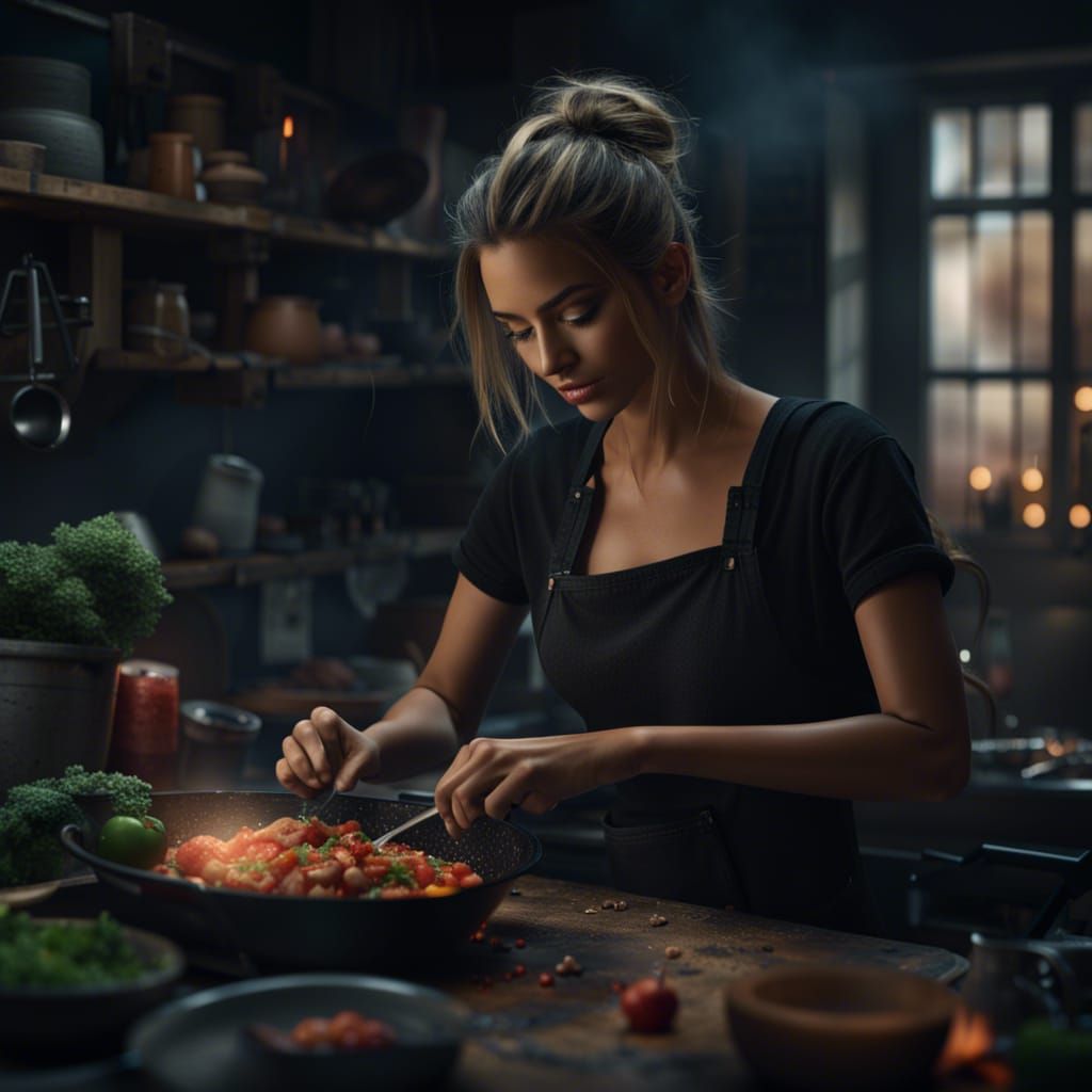 Beautiful Girl Cooking Dinner: Digital Matte Painting