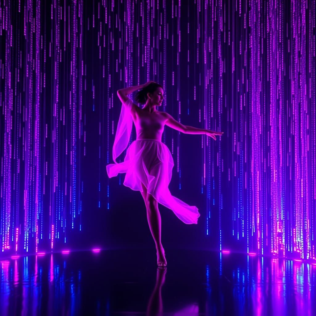 Woman Dancing in Neon Code Rain: Cyber-Mystic Art