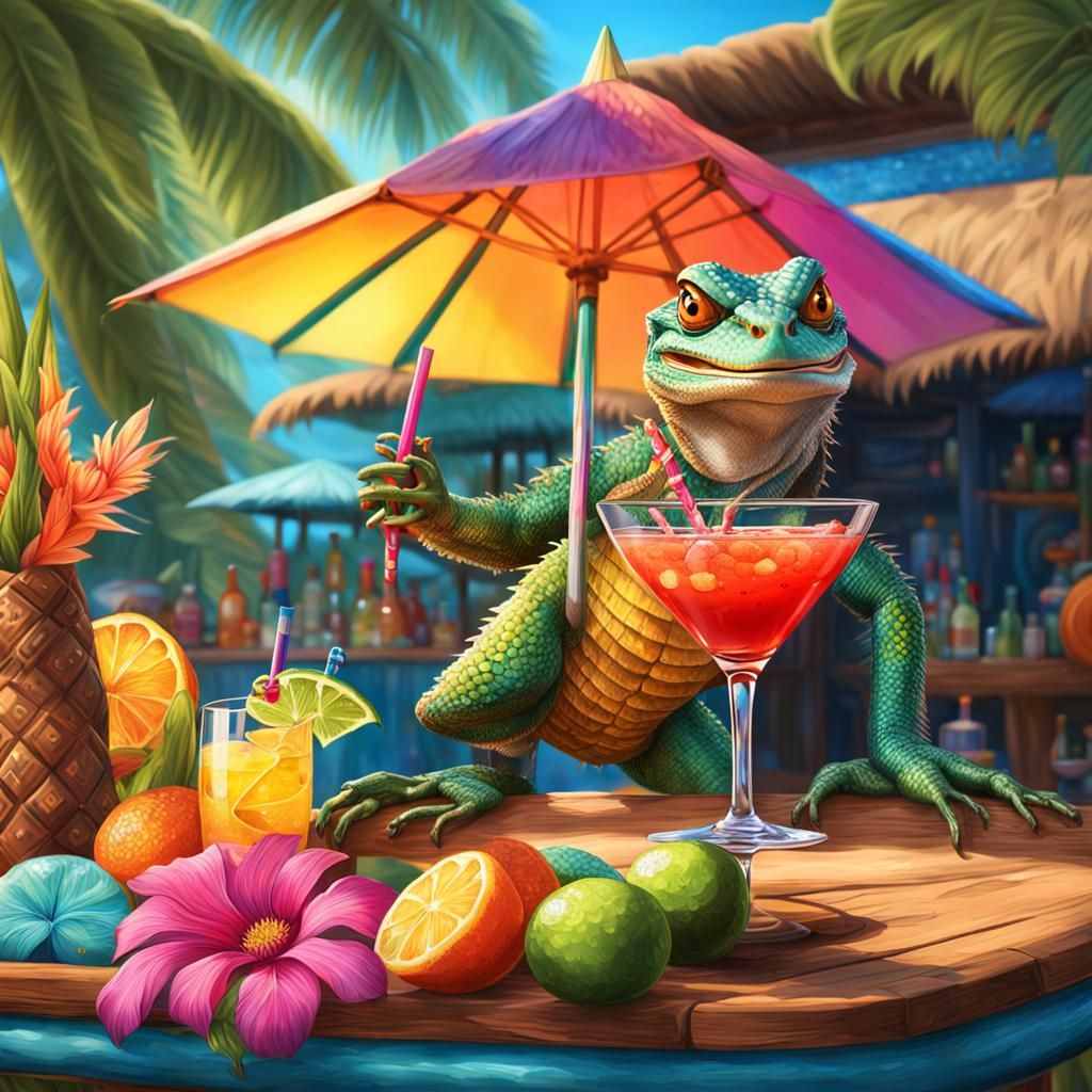 Lizard at Tiki Bar, Hyper-Realistic Digital Painting
