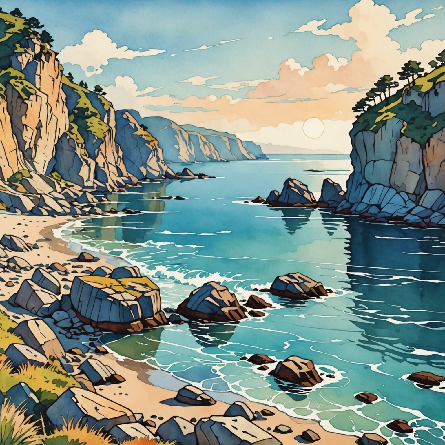 Colorful Seashore in Art Nouveau Watercolor Style