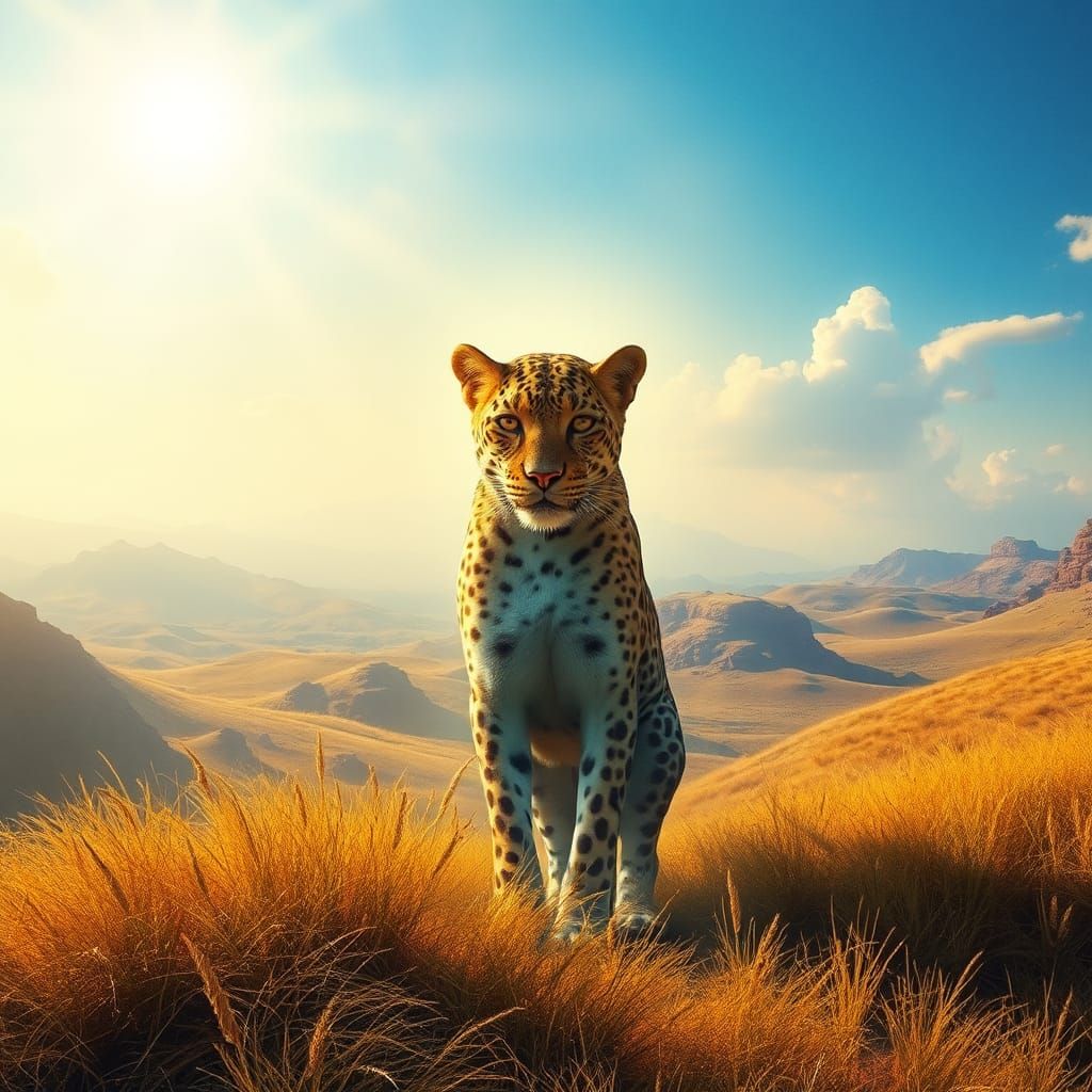 Ethereal Leopard King in Dreamlike Martian Landscape