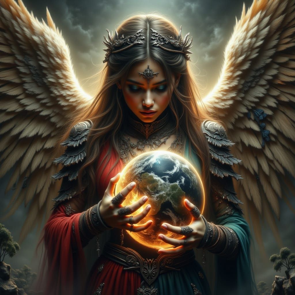 Fallen Angel Grasps Earth in Gothic Dystopian Art