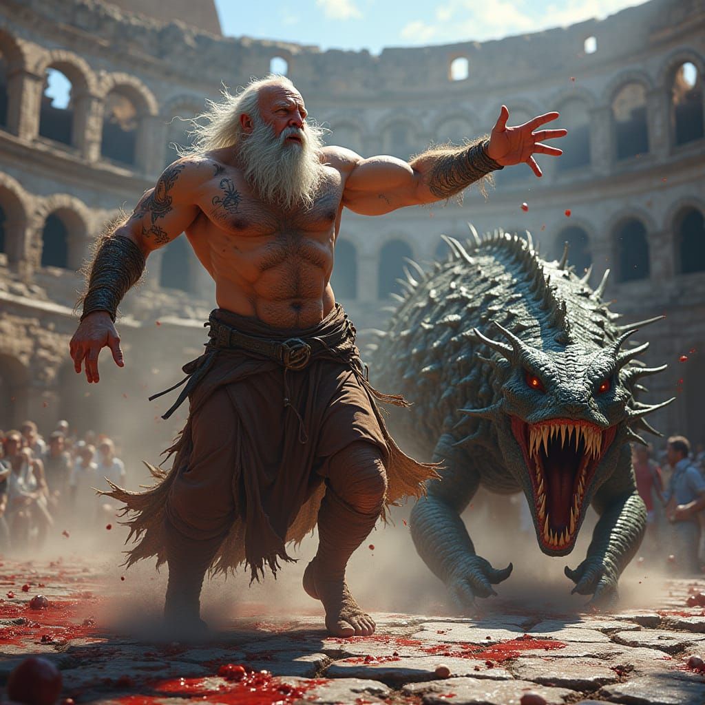 Wizard Battles Terrifying Creature in Ancient Colosseum