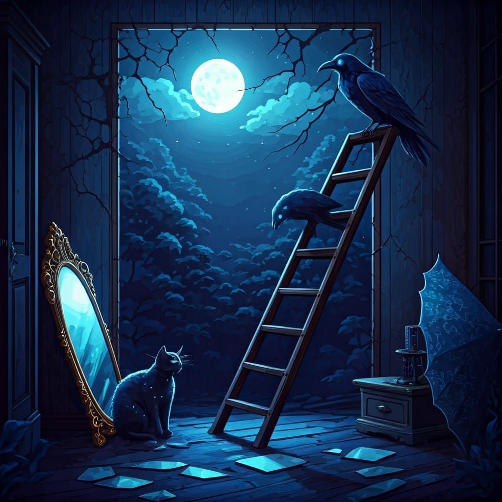 Mystical Moonlit Scene with Cat and Raven in Anime Style