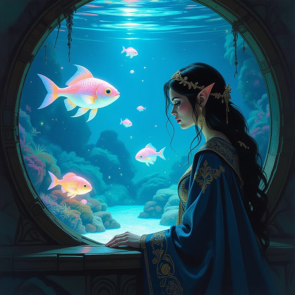 Fantasy Elf Peers into Bioluminescent Aquarium