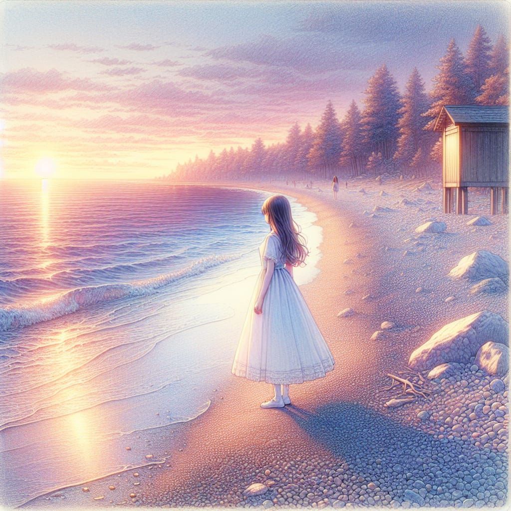 Sunset Beach Scene with Girl, Color Pencil Sketch