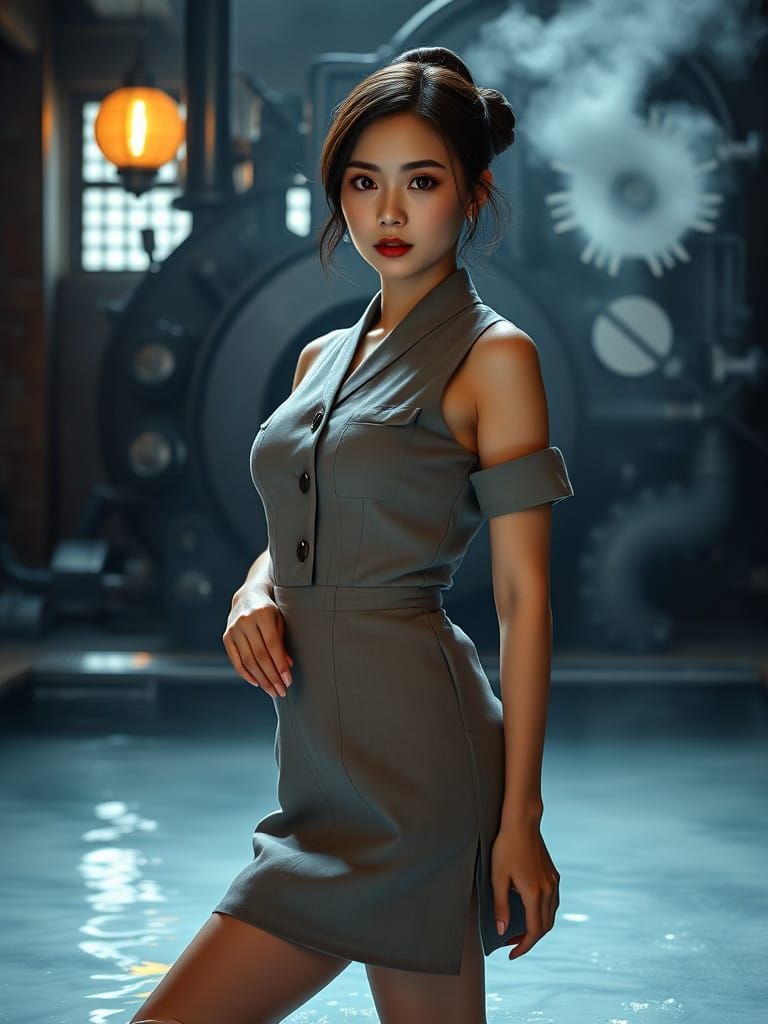Confident Vietnamese Beauty in Cyberpunk Steampunk Onsen