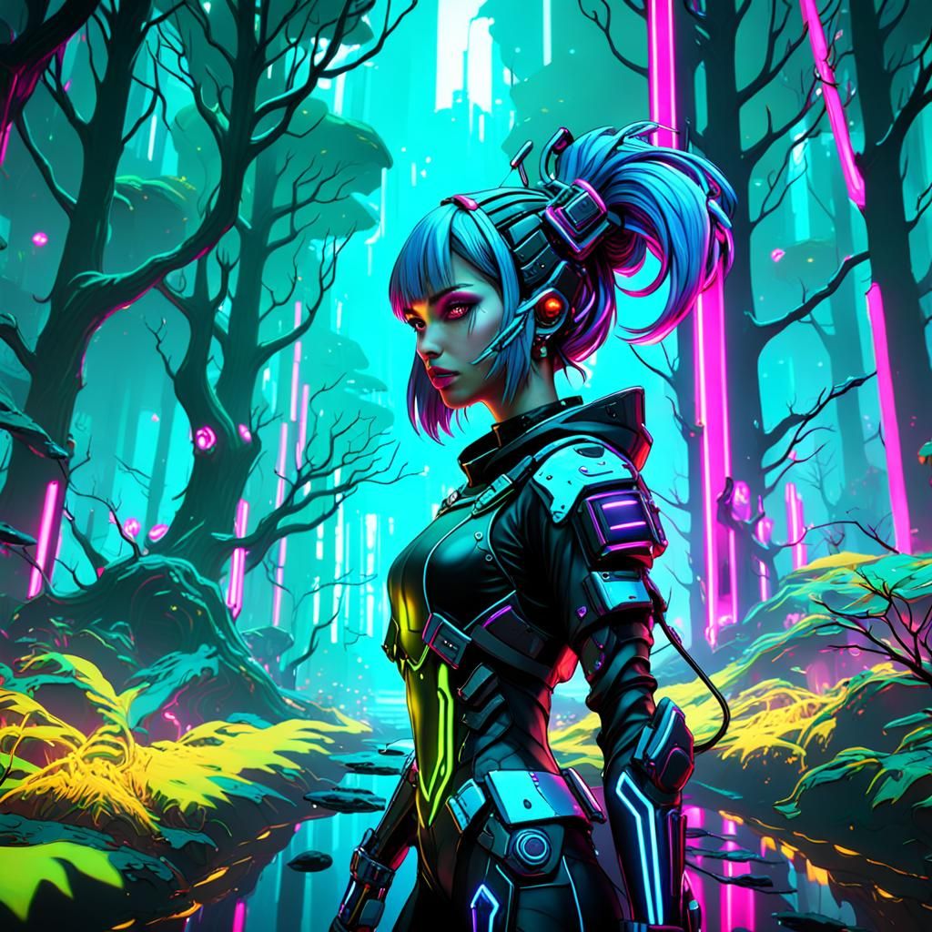 Neon Cyber Girl in Fantastical Forest